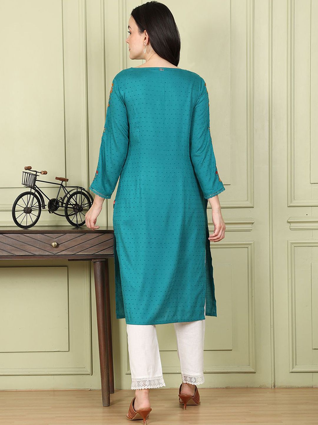 W Women Striped Flared Sleeves Sequinned Kurta