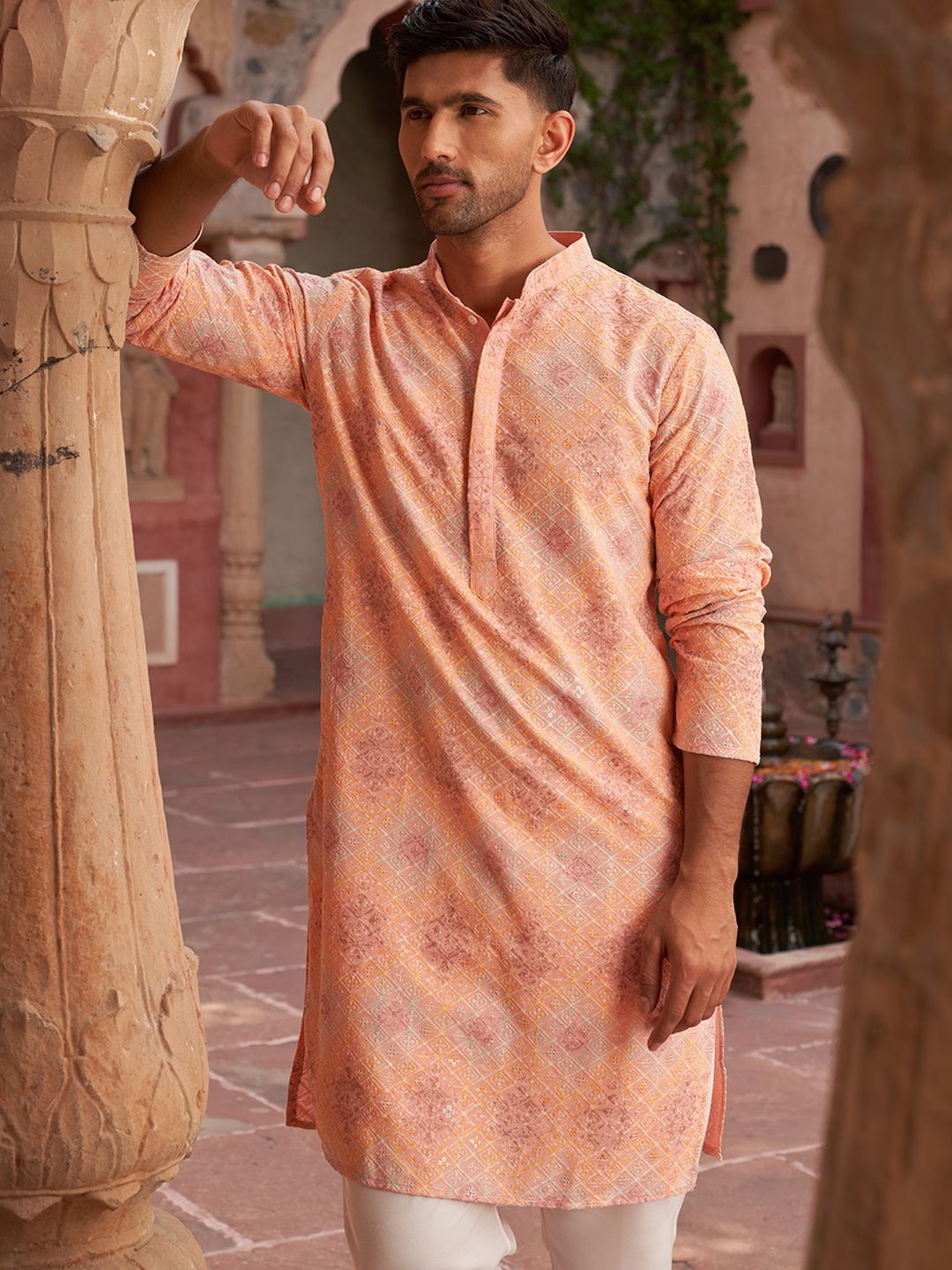 JOMPERS Geometric Collar Mandarin Collar Work Straight Kurta Lurus