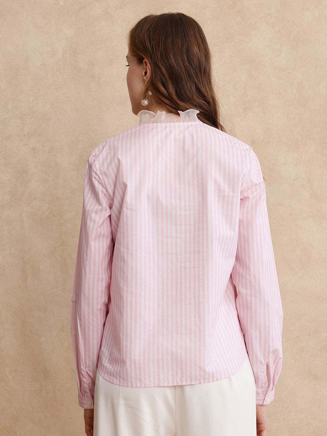 RAREISM Women Comfort Mandarin Collar Vertical Striped Cotton Casual Shirt