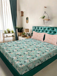 Aura Green & White Printed 300 TC King Bedsheet Set 2.5 m x 2.25 m