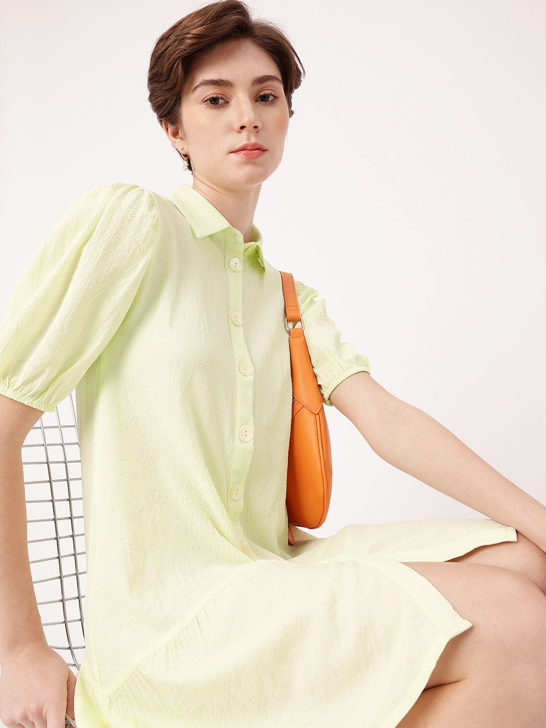 DressBerry Playful Puffed Sleeves Gathers Crepe Shirt Style Mini Dress