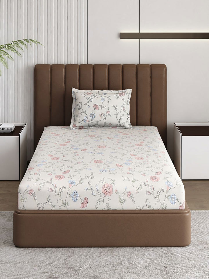 Monte Carlo Off White & Peach-Coloured Printed 120 TC Single Bedsheet Set 1.52 m x 2.30 m