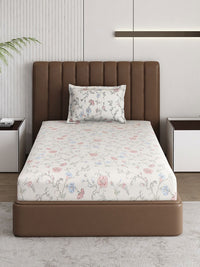 Monte Carlo Off White & Peach-Coloured Printed 120 TC Single Bedsheet Set 1.52 m x 2.30 m