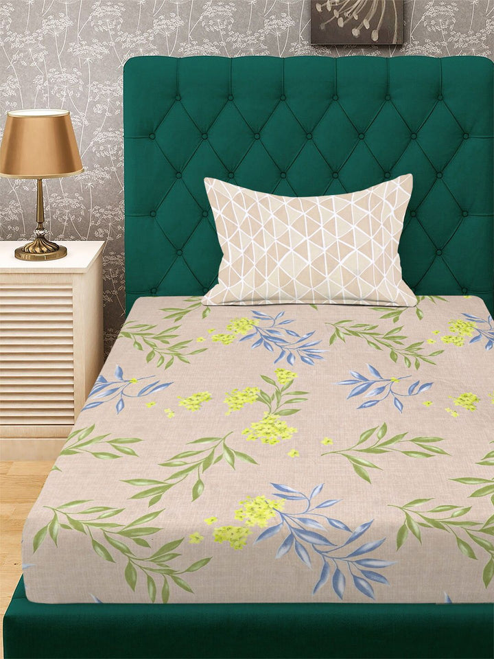 Aura Beige & Blue Floral Printed 300 TC Fitted Single Bedsheet Set 1.5 m x 2.2 m