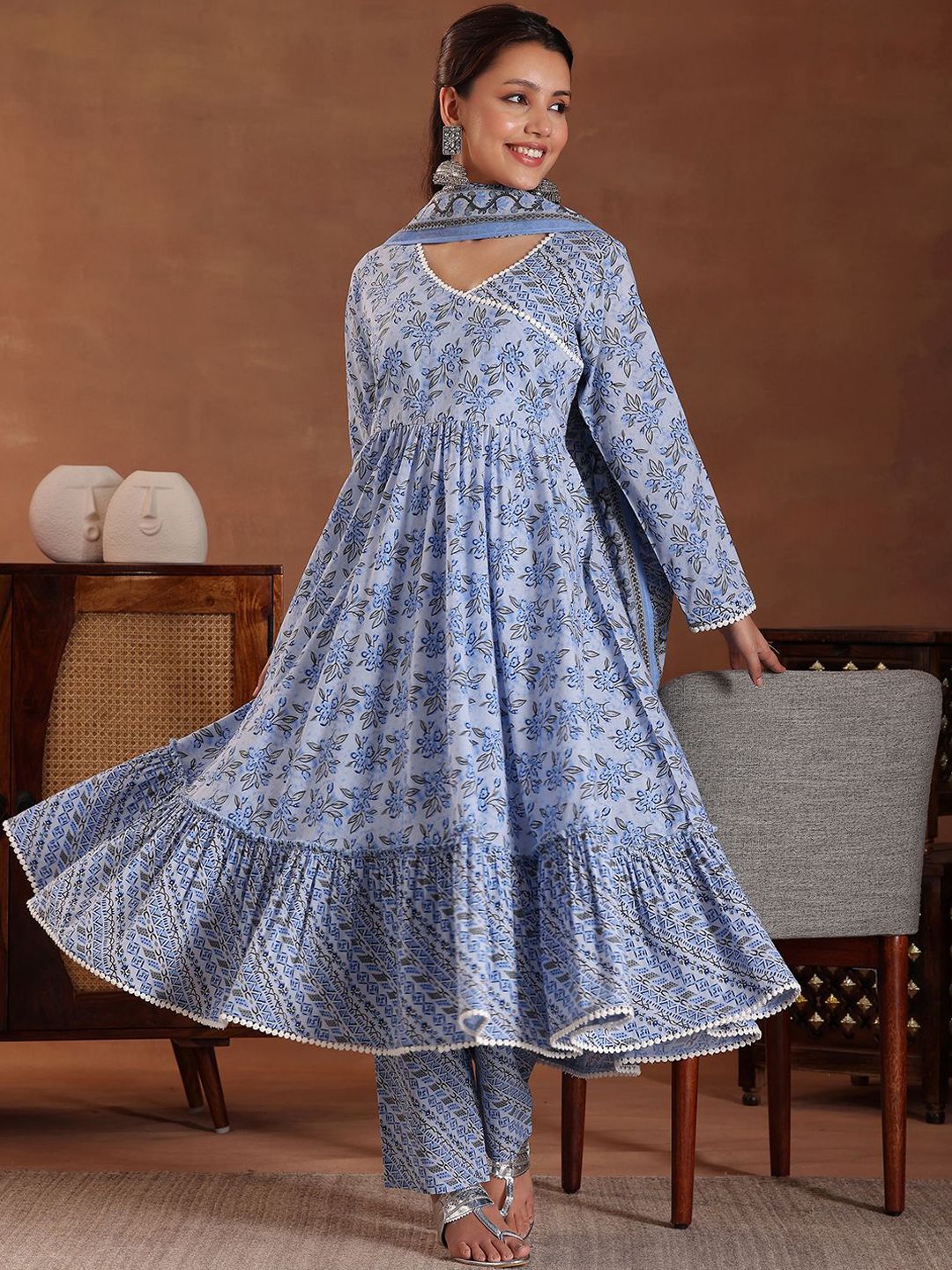 Libas Floral Printed Angrakha Pure Cotton Anarkali Kurta with Trousers & Dupatta