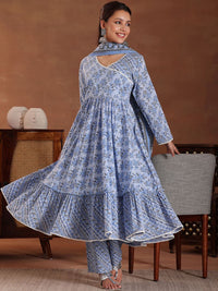 Libas Floral Printed Angrakha Pure Cotton Anarkali Kurta with Trousers & Dupatta