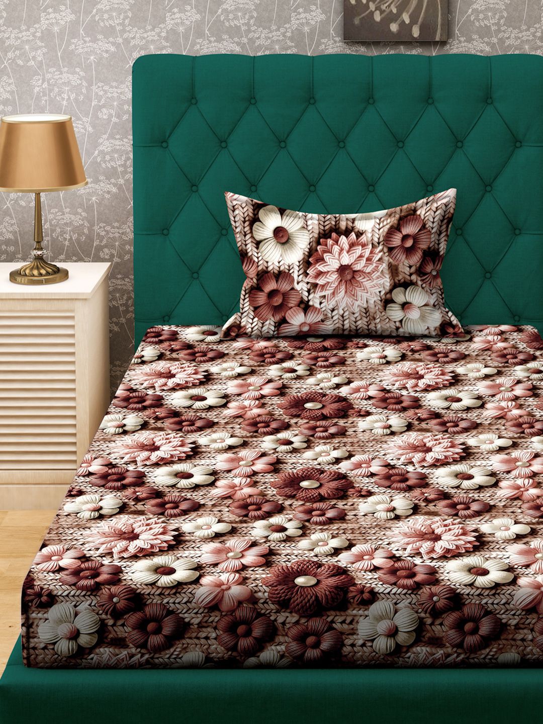 KLOTTHE Brown & Pink Floral Printed Fitted 300TC Single 7D Bedsheet With Pillow Cover