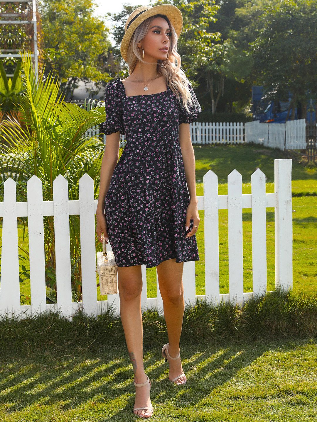 DressBerry Floral Print Puff Sleeve A-Line Tiered Dress