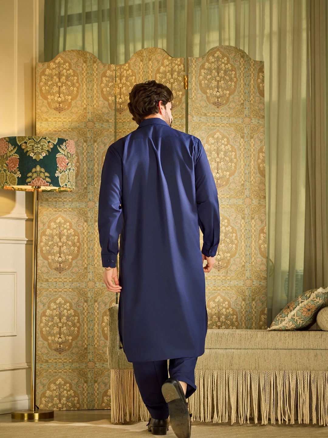 SOJANYA Shirt Collar Curved Hem Pathani Kurta with Salwar