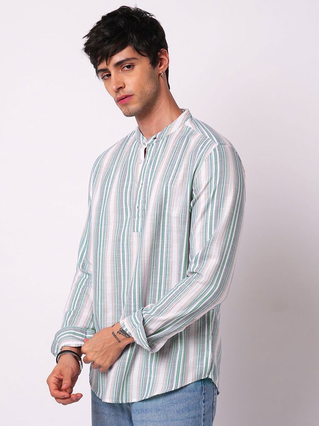 VASTRADO Retro Shoreline Azure Striped Band Collar Cotton Kurta
