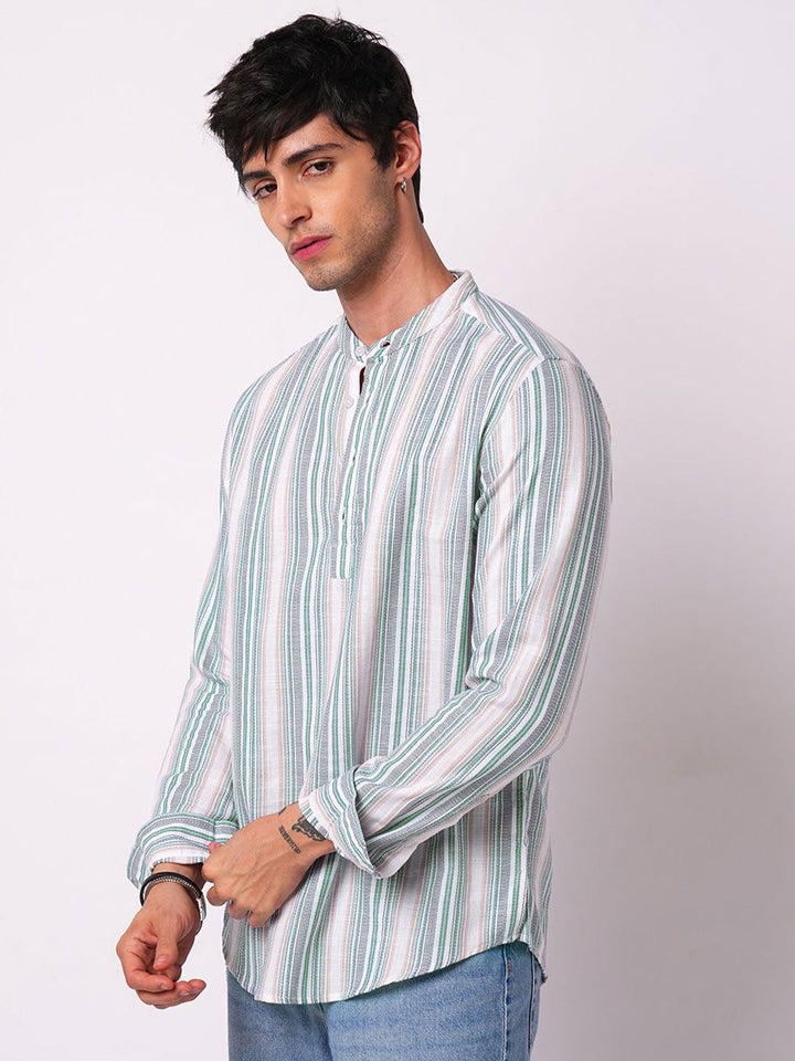 VASTRADO Retro Shoreline Azure Striped Band Collar Cotton Kurta