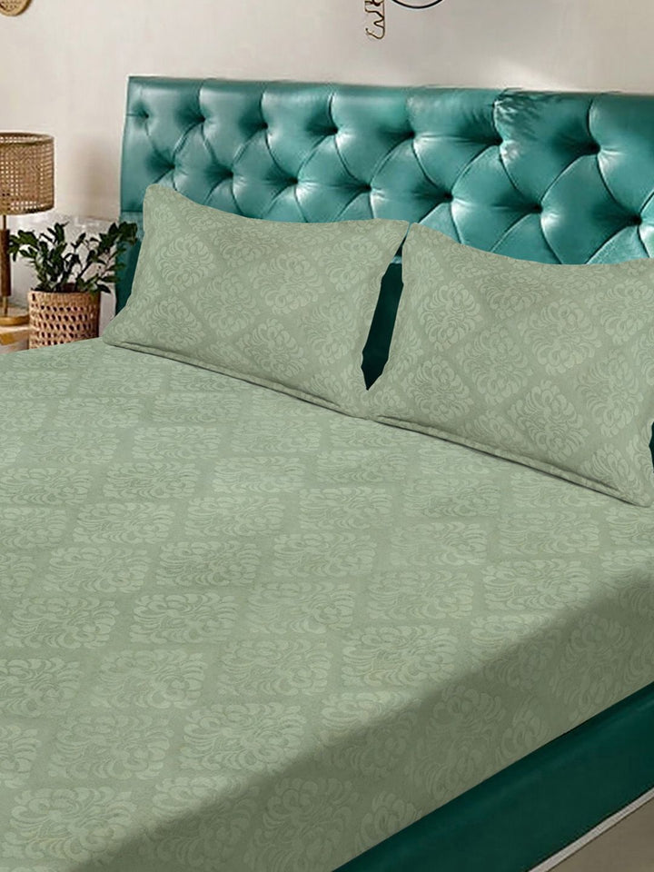 KLOTTHE Green Floral Embossed Printed Fitted 400TC King Bedsheet With 2 Pillow Cover