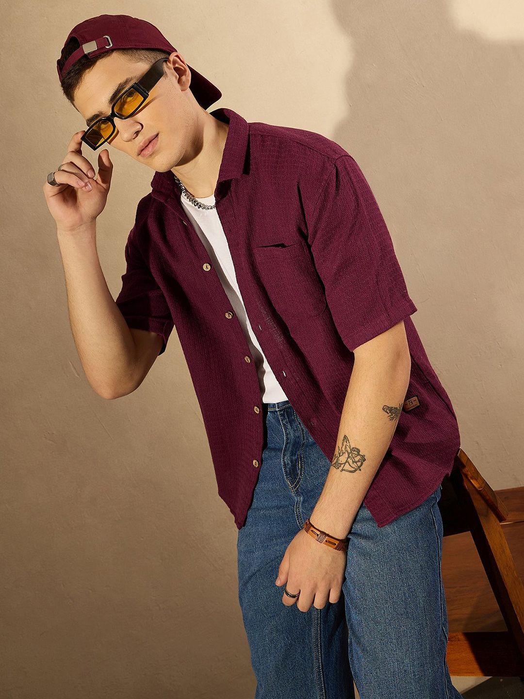 DENNISON Men Smart Spread Collar Solid Cotton Oversized Casual Shirt