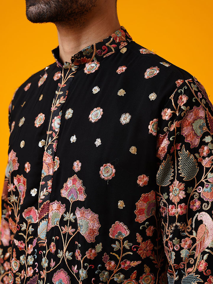 SOJANYA LUXE Kolar Mandarin Sulam Bunga Georgette Kurta Lurus Dengan Seluar