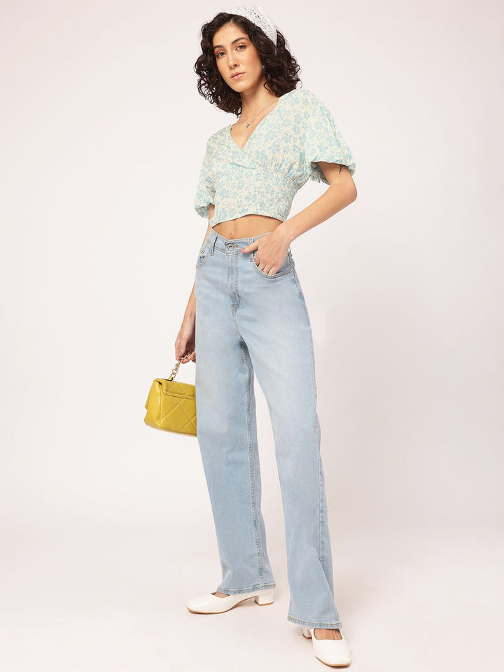 DressBerry Blooming Ahead Puff Sleeves Smocked Printed Crop Top