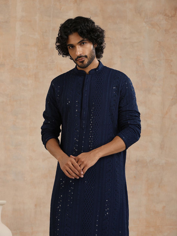 House of Chikankari Men Navy Blue Rayon Embroidered Kurta
