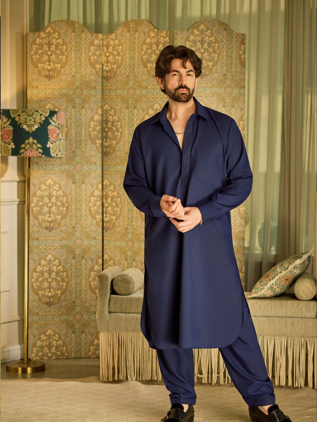 SOJANYA Shirt Collar Curved Hem Pathani Kurta with Salwar