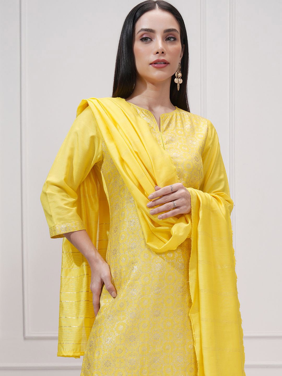 Vishudh Floral Woven Design Notch Neck Jacquard Straight Kurta With Trouser And Dupatta