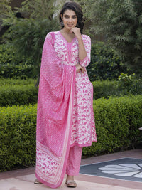 Kalini Floral Printed Mirror Work Lurus Kurta Kapas Tulen Dengan Seluar & Dupatta
