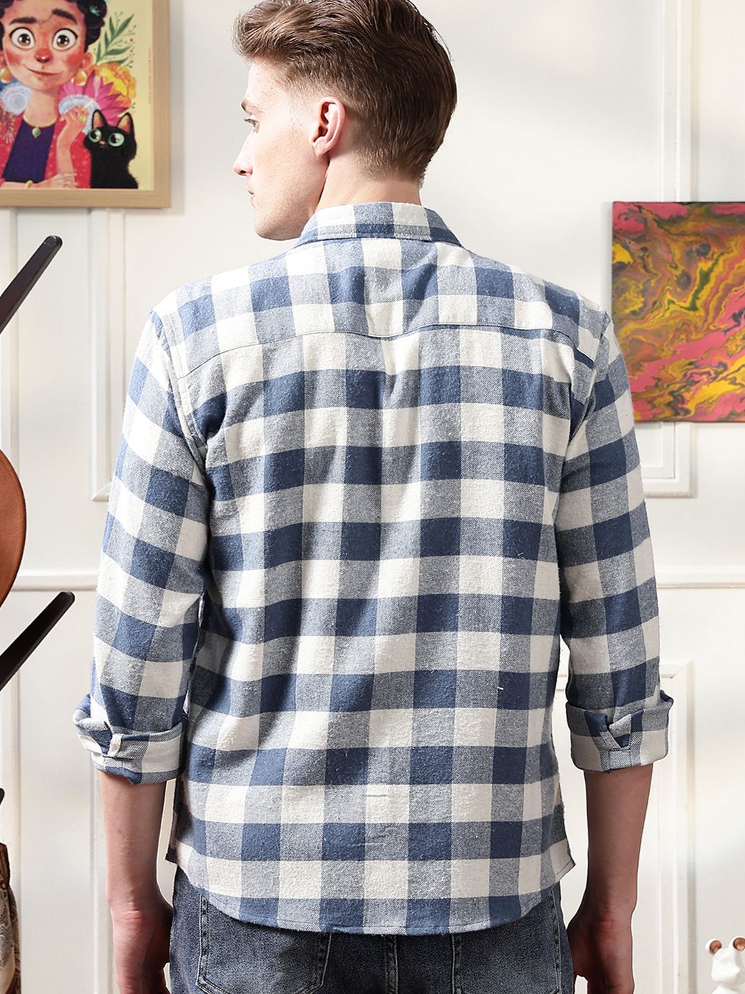 Eszett Men Buffalo Checked Spread Collar Casual Shirt