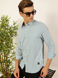 Thomas Scott Men Smart Spread Collar Micro Checked Cotton Slim Fit Casual Shirt