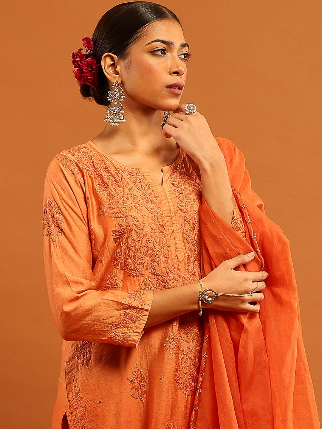 House of Chikankari Embroidered Ethnic Motifs Chanderi Kurta Trouser Set