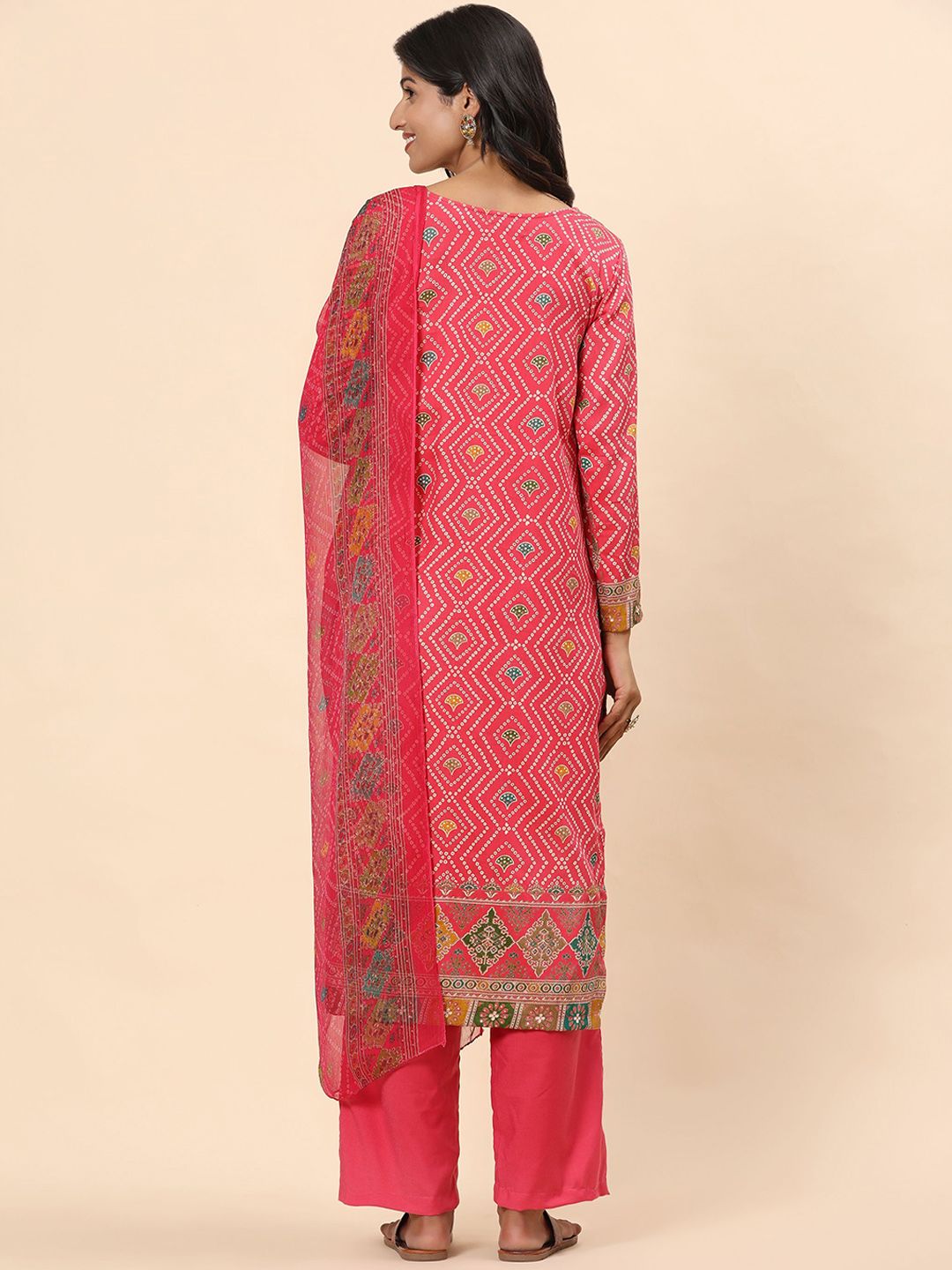 Mamicha Women Bandhani Printed Regular Sequinned Pure Cotton Kurta with Trousers & With Dupatta