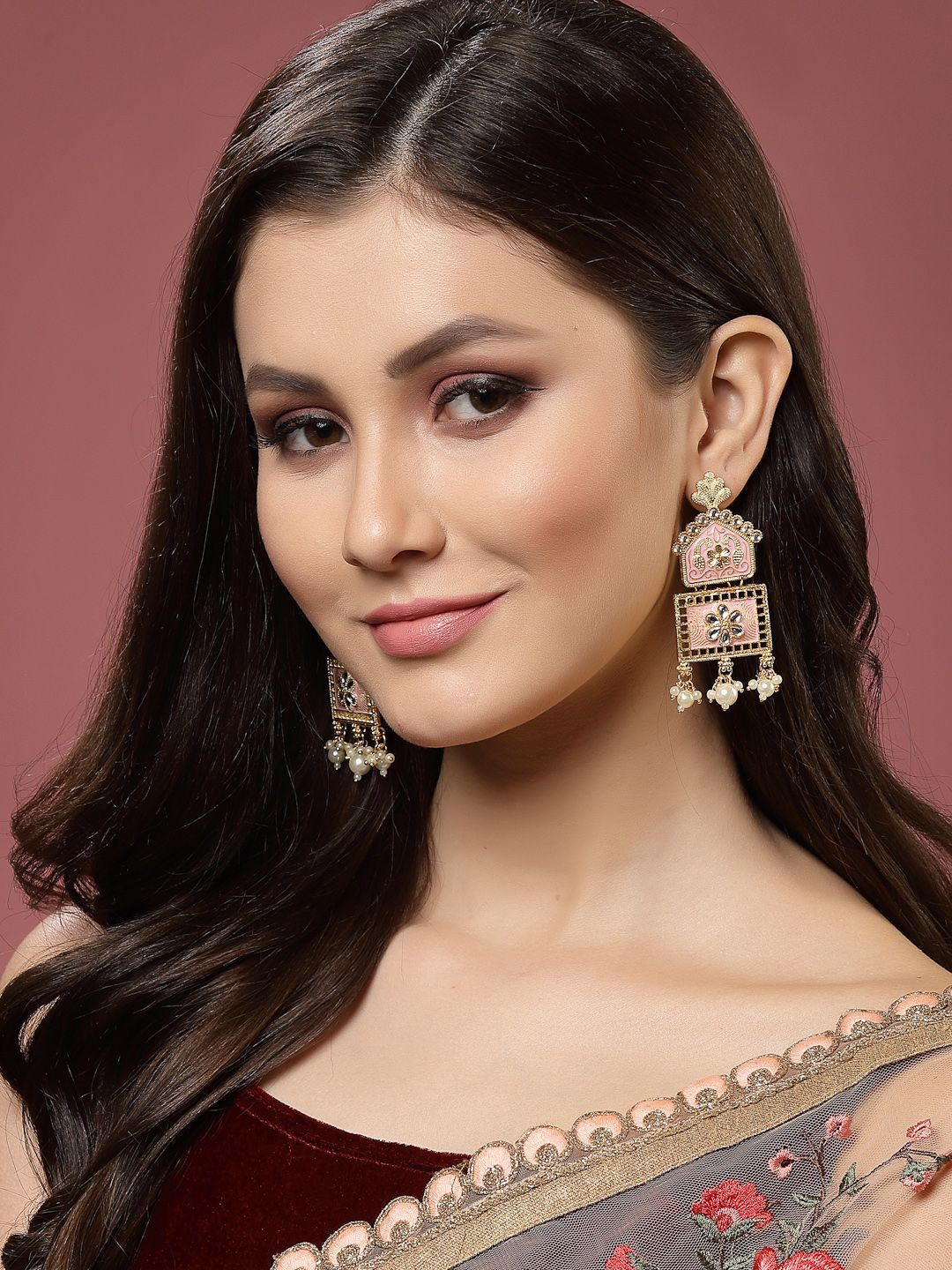 Anouk Pink & White Gold Plated Kundan Stone Studted & Beaded Square Drop Earrings