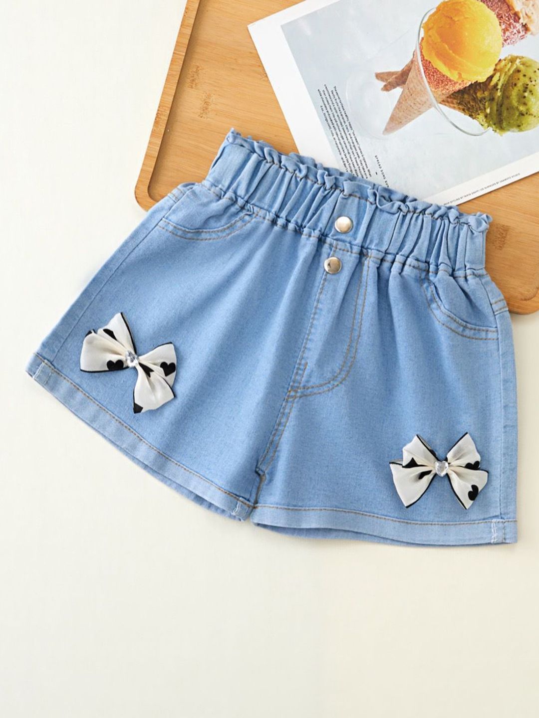 YK Girls Embellished Washed Regular Fit Bow Detailed Mid-Rise Denim Shorts