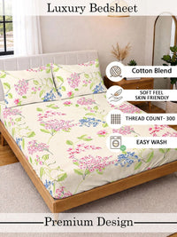 KLOTTHE Cream-Coloured Floral 300 TC King Bedsheet with 2 Pillow Covers