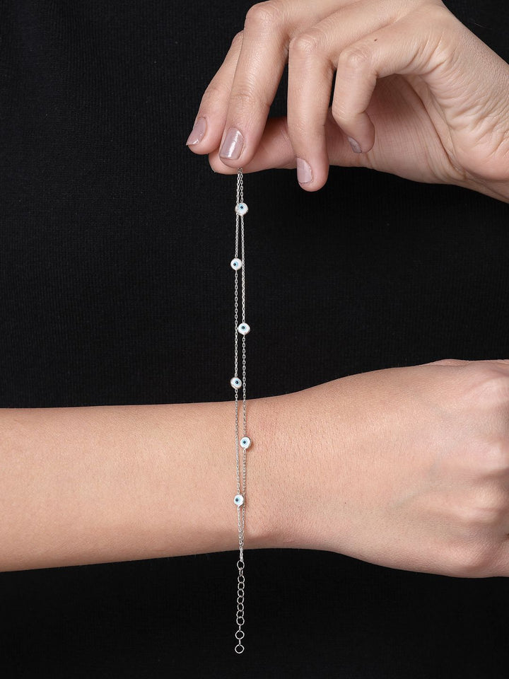 PANASH 925 Sterling Silver Rhodium-Plated Stone Studded Evil Eyes Multistrand Bracelet