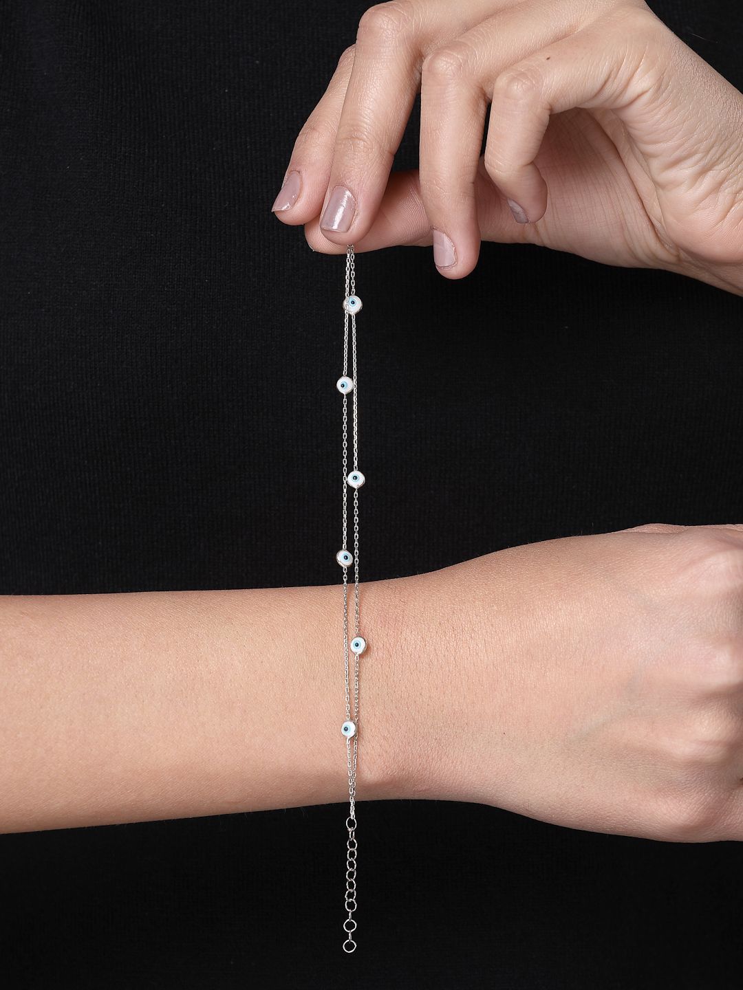 PANASH 925 Sterling Silver Rhodium-Plated Stone Studded Evil Eyes Multistrand Bracelet