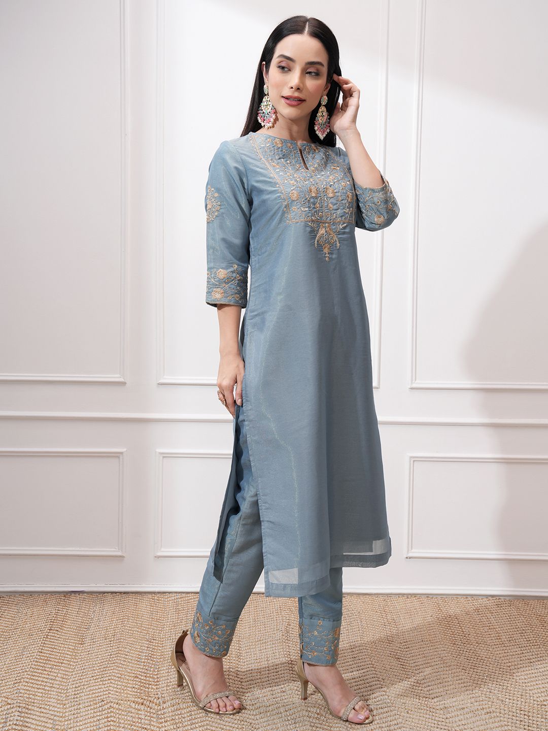 Vishudh Women Ethnic Motifs Embroidered Regular Kurta with Trousers & With Dupatta