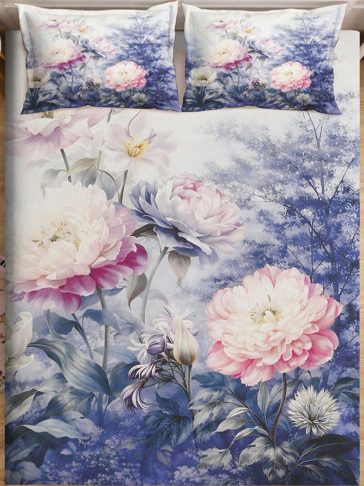 Myntra Elegant Homes Blue & Pink Floral 300 TC King Cadar dengan 2 Sarung Bantal