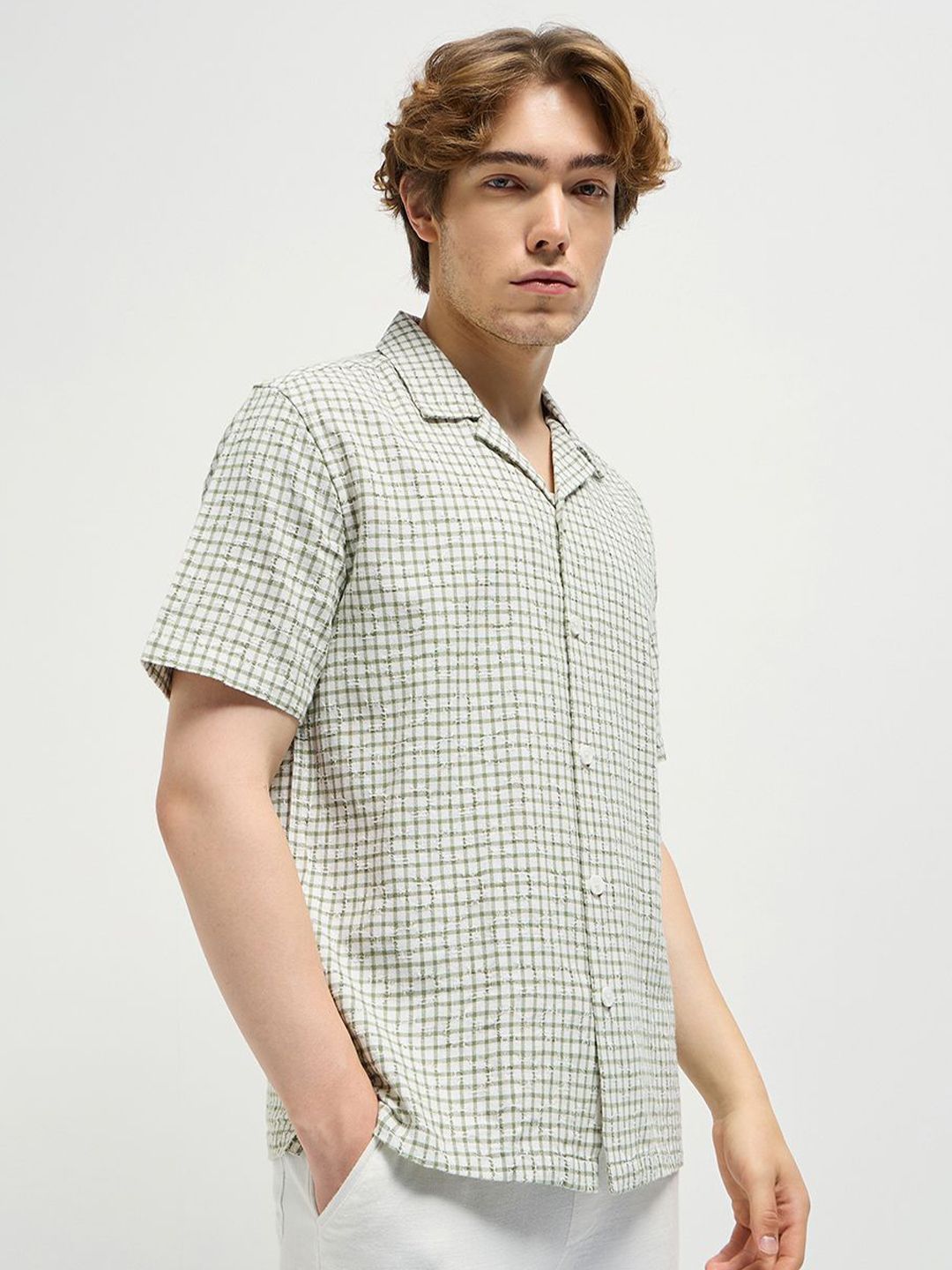 THE BEAR HOUSE Men Cuban Collar Micro Checked Cotton Casual Shirt