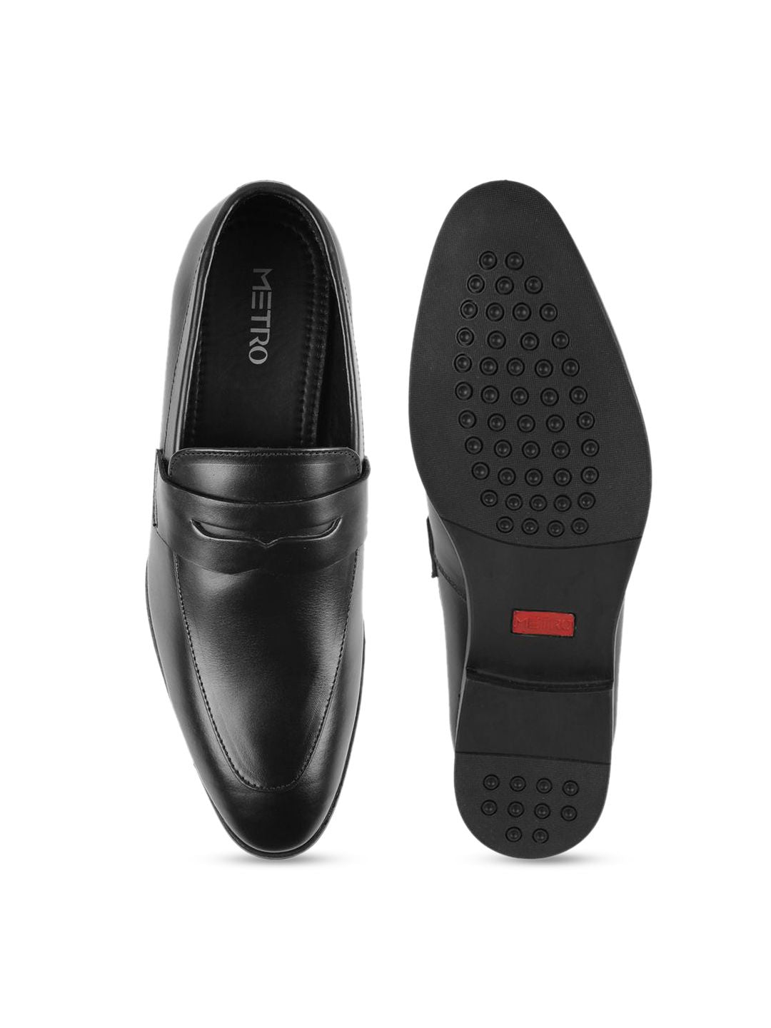 Metro Men Solid Leather Round Toe Formal Slip-Ons