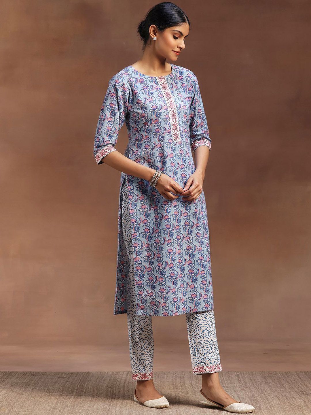 Libas Floral Printed Gotta Patti Pure Cotton Straight Kurta with Trousers & Dupatta