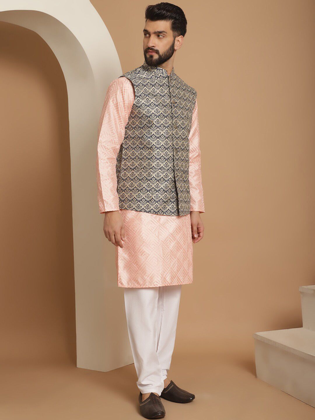 Anouk Pink Ethnic Motifs Woven Design Straight Kurta With Churidar & Nehru Jacket