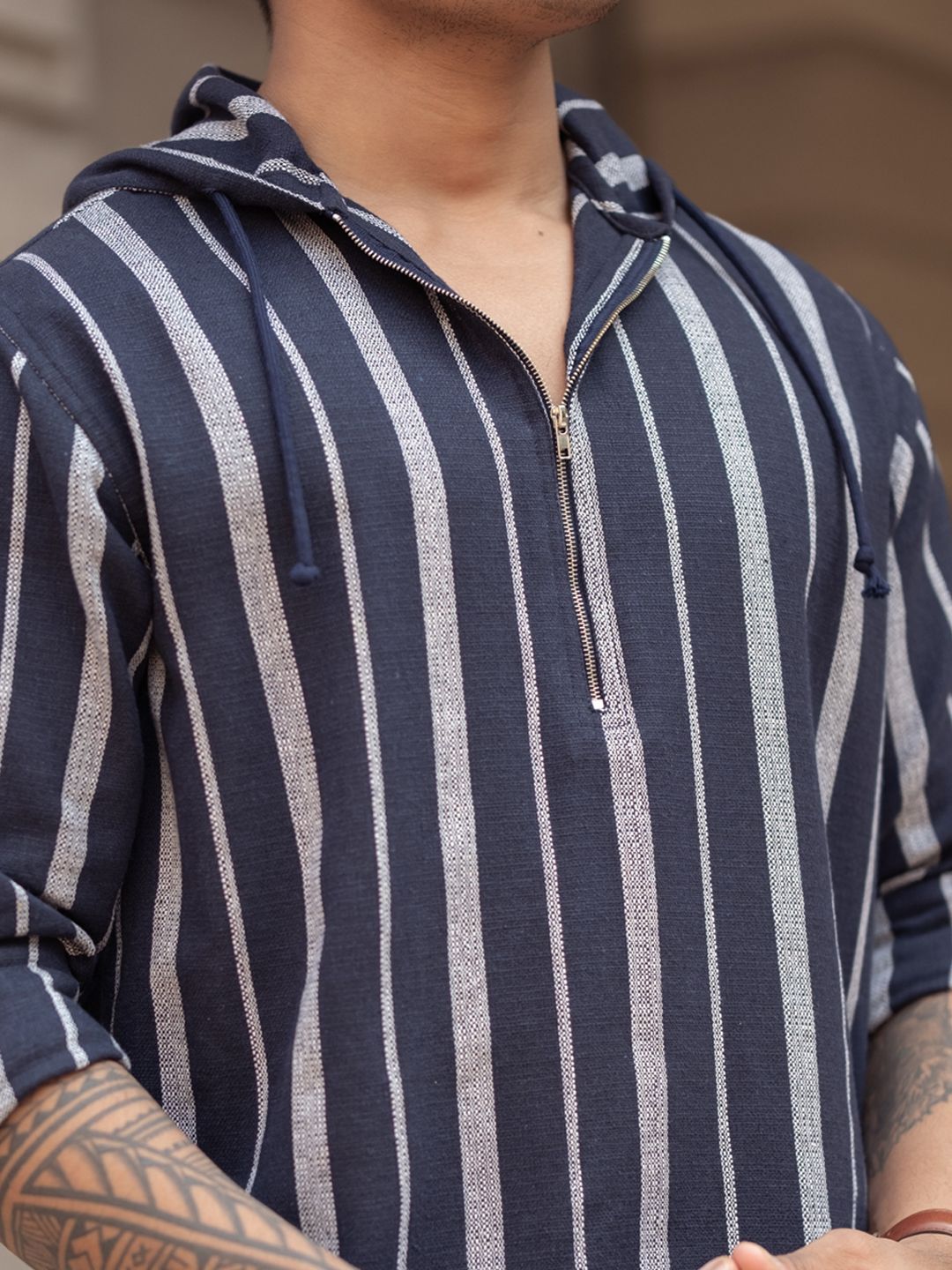 Powerlook Men Vertical Striped Hooded Casual Shirt