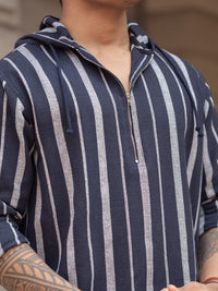Powerlook Men Vertical Striped Hooded Casual Shirt
