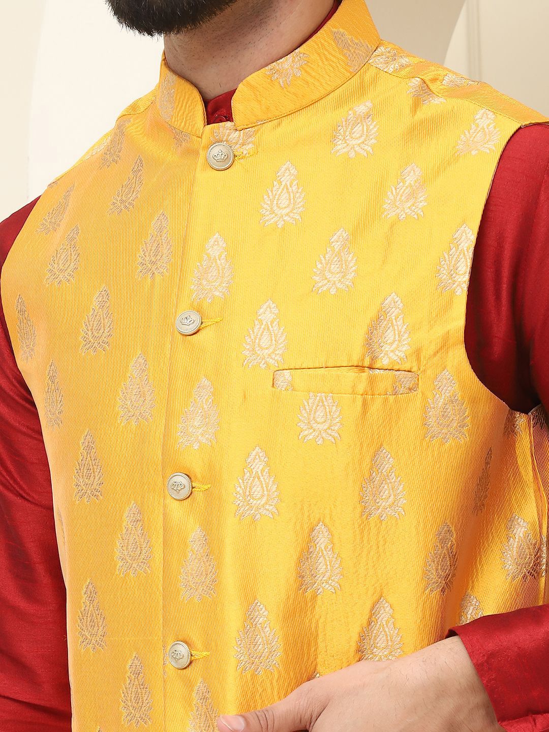 SOJANYA Mandarin Collar Silk Cotton Kurta With Churidar & Woven Design Nehru Jacket