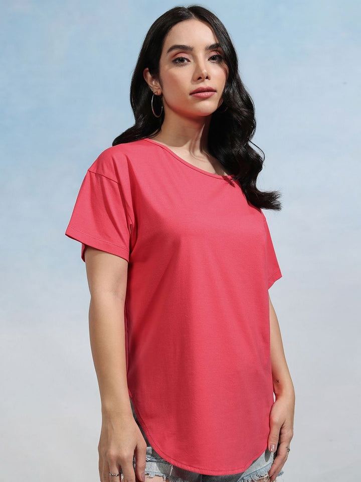Tokyo Talkies Women Solid Boat Neck Cotton T-shirt