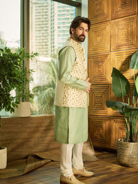 SOJANYA Ethnic Motifs Woven design Band Collar Kurta With Churidar And Nehru Jacket