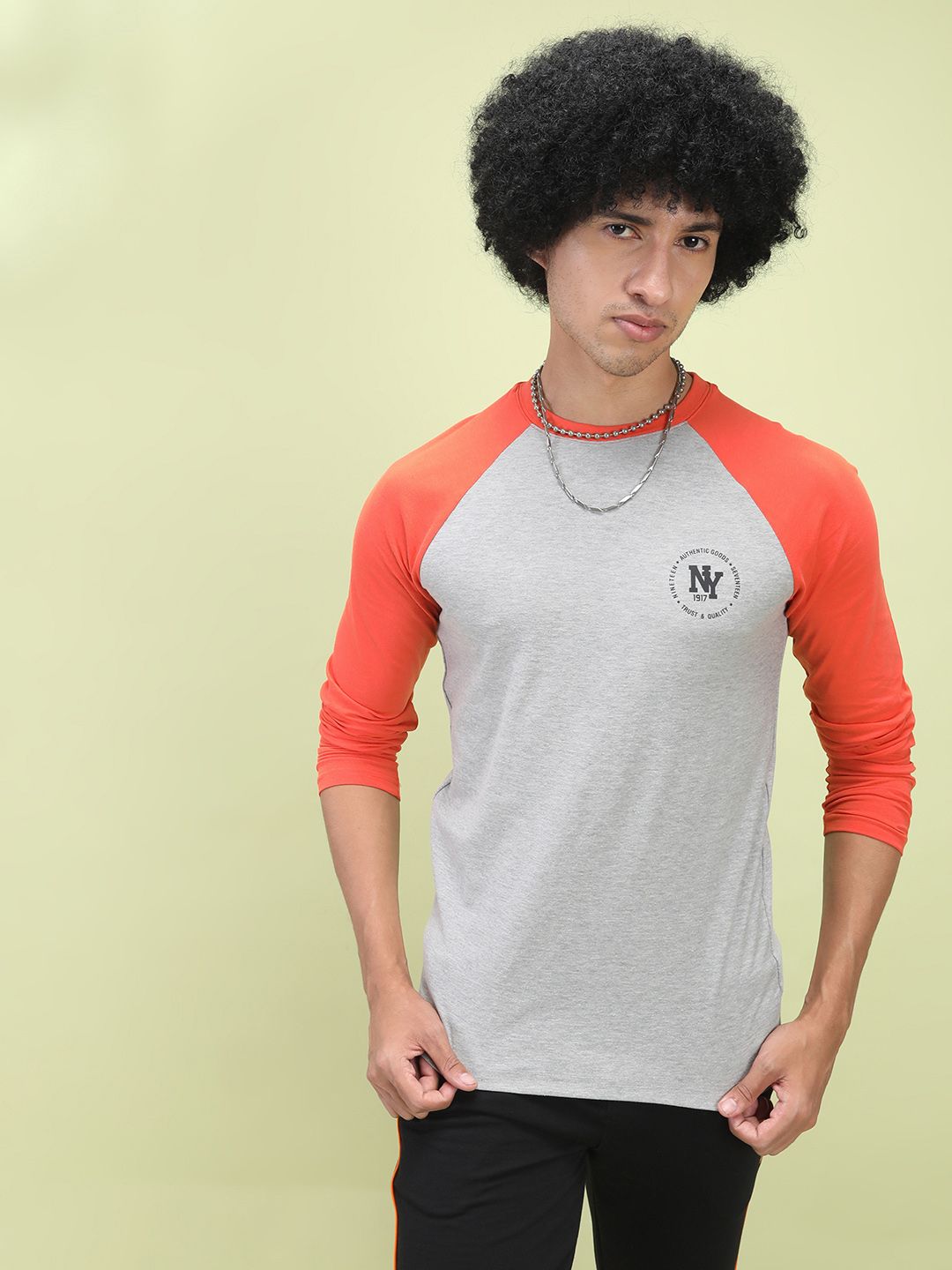 The Indian Garage Co Men Grey Melange  Orange Colourblocked Round Neck Pure Cotton T-shirt