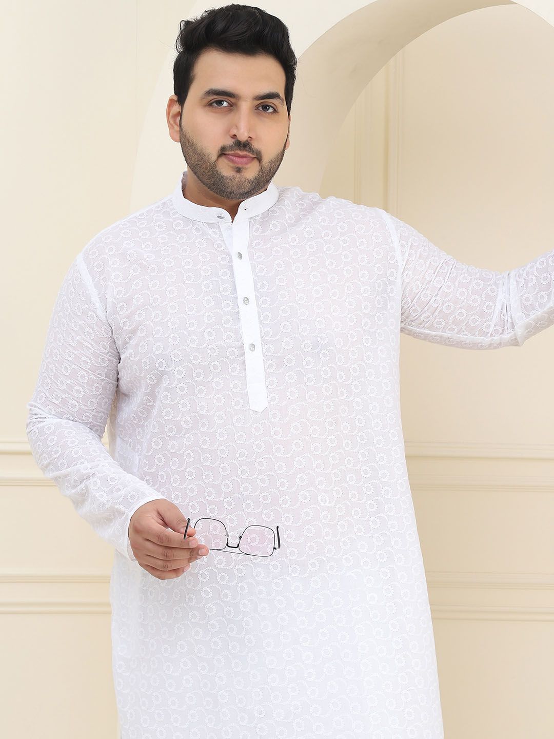 SOJANYA PLUS Kolar Mandarin Sulam Geometrik 100% Cotton Straight Kurta