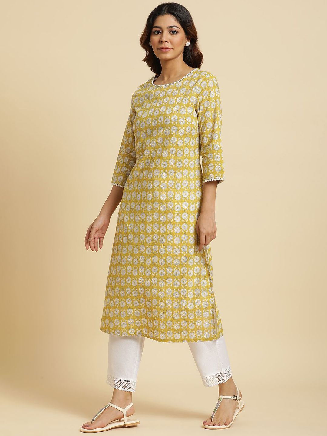 W Geometric Printed Thread Work Cotton Straight Kurta