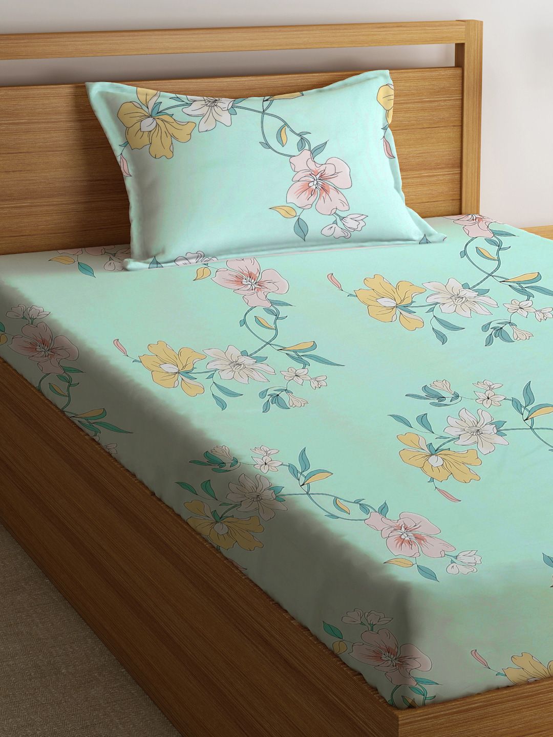 Myntra Elegant Homes Green & Pink Floral Printed 300 TC Single Bedsheet Set