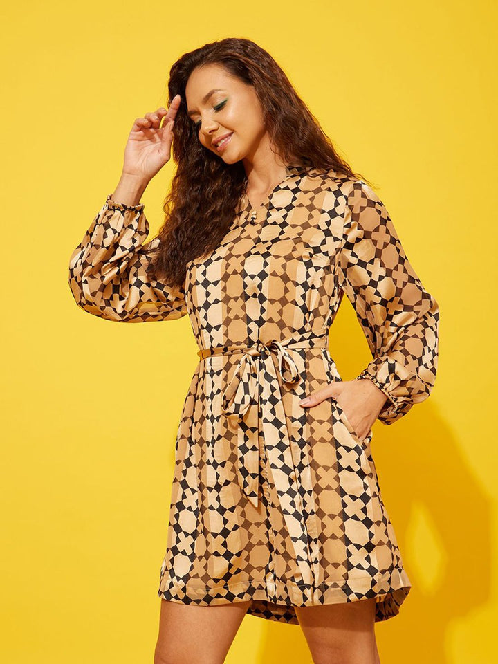 Quiero Women Print Puff Sleeve Satin Fit & Flare Dress
