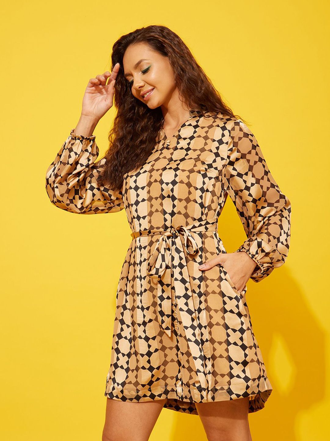 Quiero Women Print Puff Sleeve Satin Fit & Flare Dress