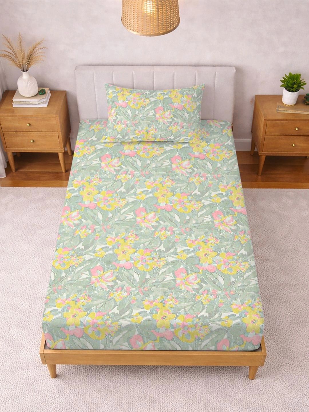 KLOTTHE Green Floral 300 TC Cadar Bujang dengan 1 Sarung Bantal